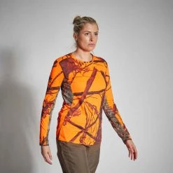 SOLOGNAC Jagdshirt Langarm 500 Damen Geräuscharm Atmungsaktiv Camouflage/orange